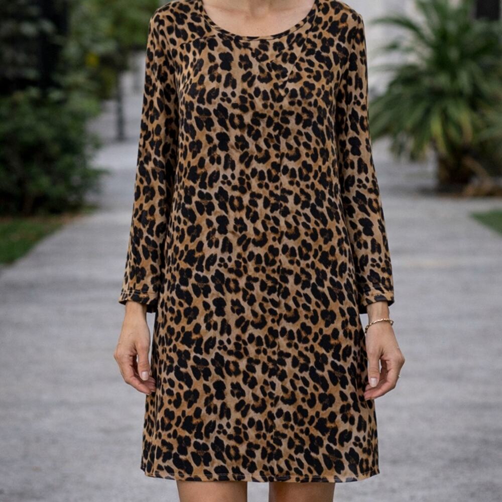 The Limited Tan Leopard Print Sheer Shift Dress Long Sleeve Sz 4 Tall